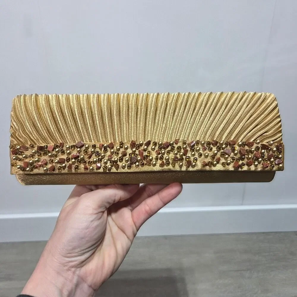 Bijoux Terner Gold Rouch Clutch Purse with Bead Detail